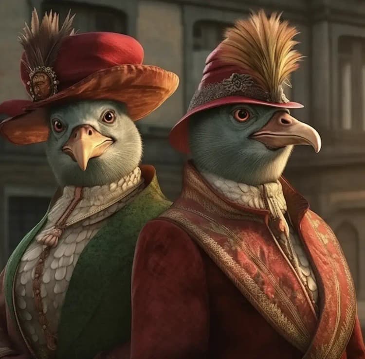 Realistic animal portrait of two robed characters in neo-renaissance style