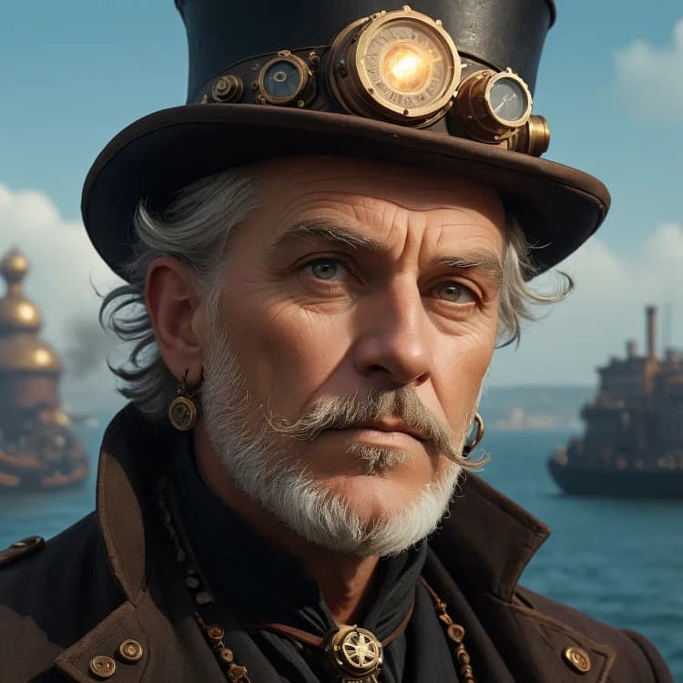 Steampunk style portrait of an older man with smokey baroque background