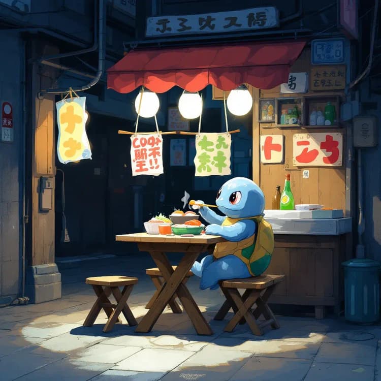 Squirtle eating sushi at a street food stall in Tokyo at night