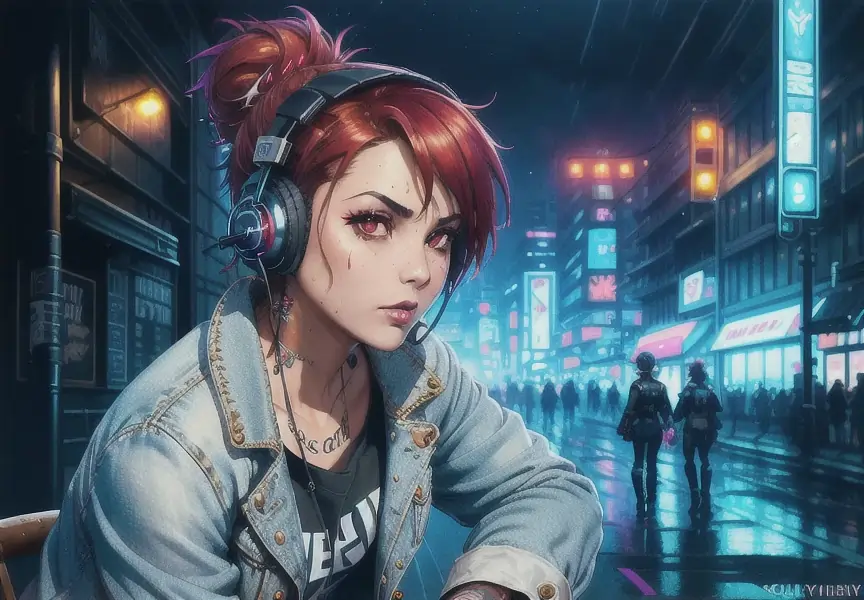 Cyberpunk Woman Kneeling in Neon City