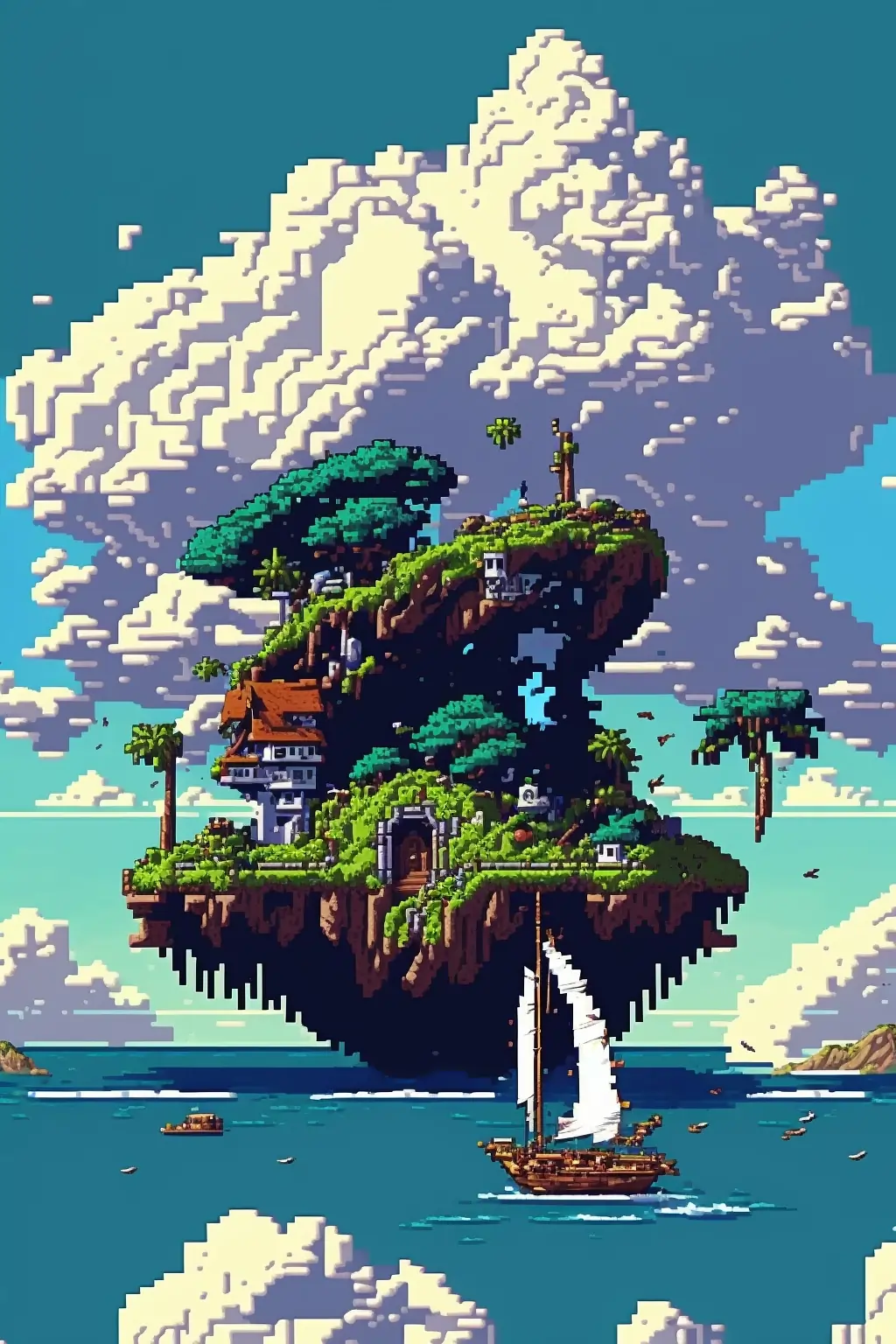 Pixel Art Island in the Clouds