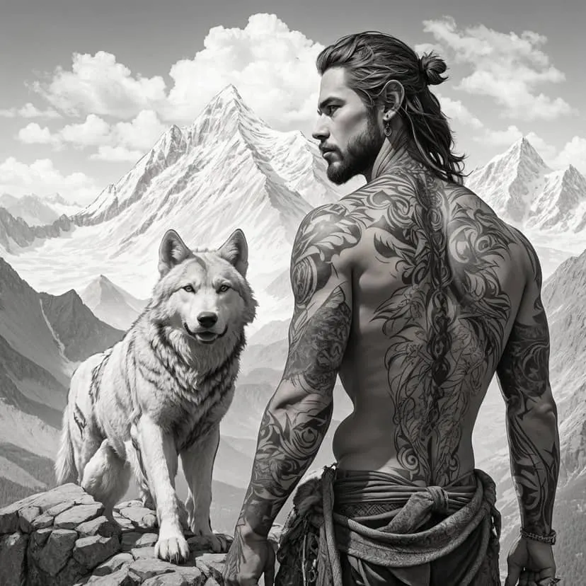 Tribal Warrior and White Wolf