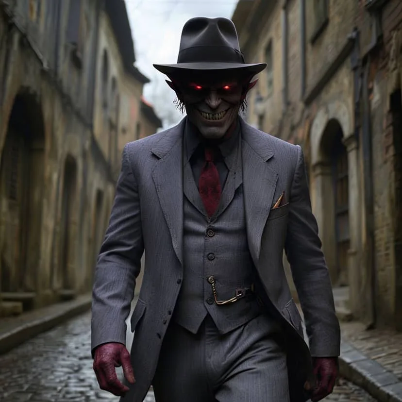Half-Demon Man on Cobblestone Street