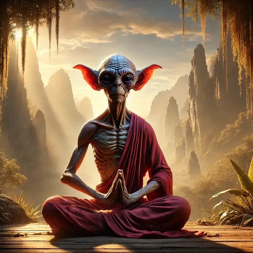 Alien Monk Meditating in Serene Landscape