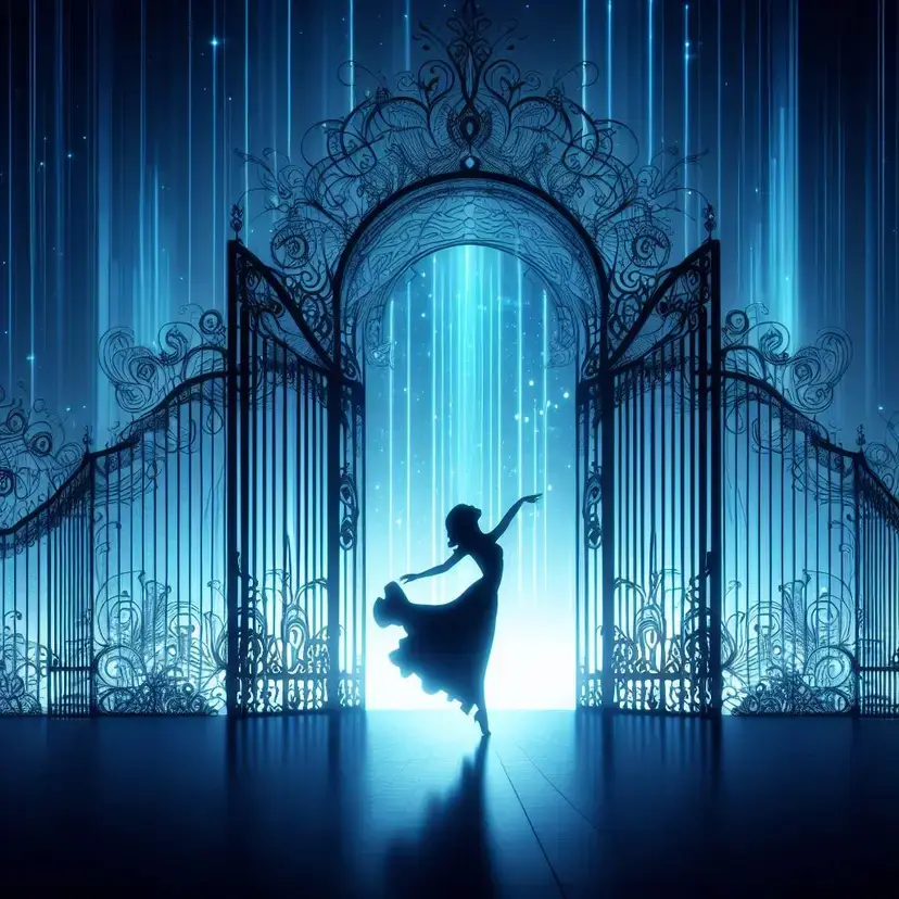 Elegant Woman Dancing Before Gates to Another World