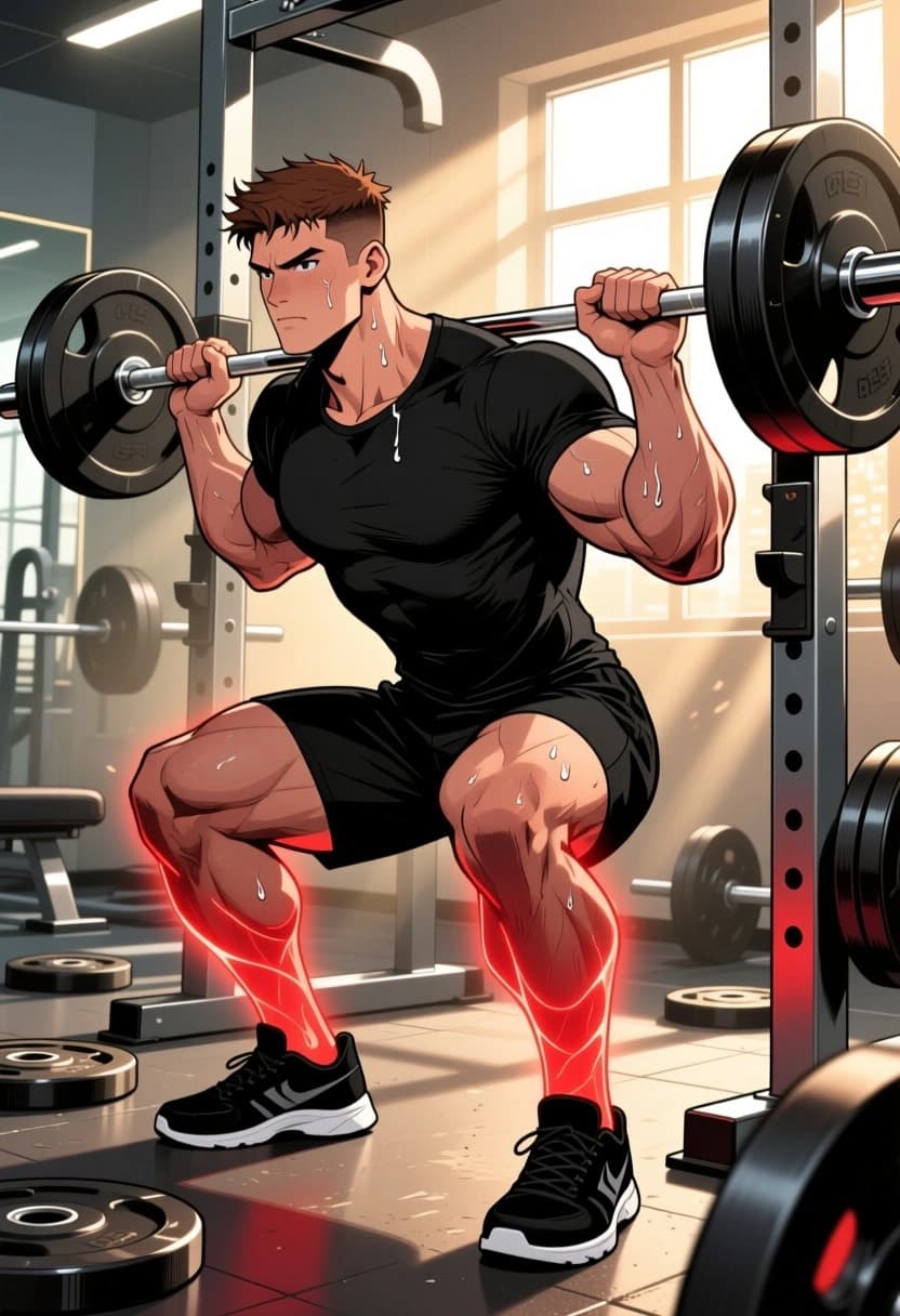 Muscular Man Squatting in Gym