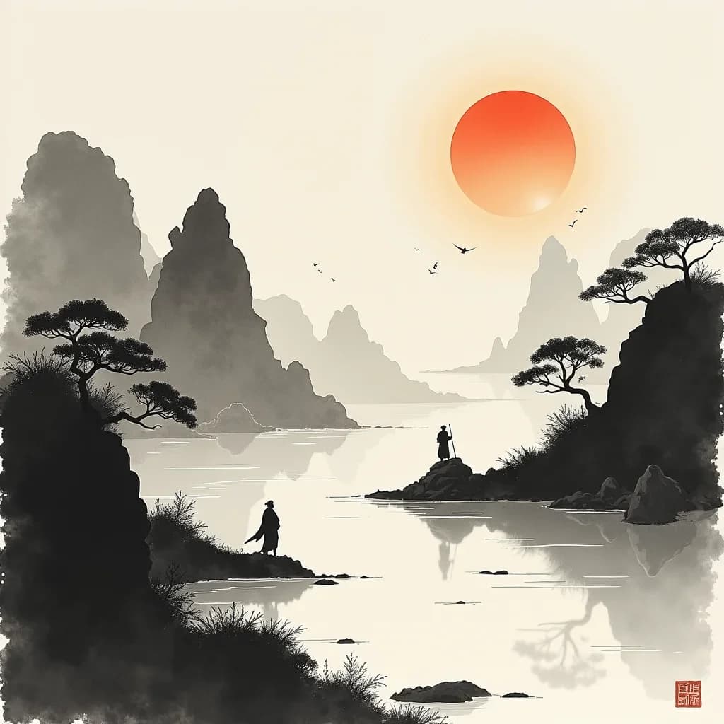 Chinese Ink Seaside Sunset