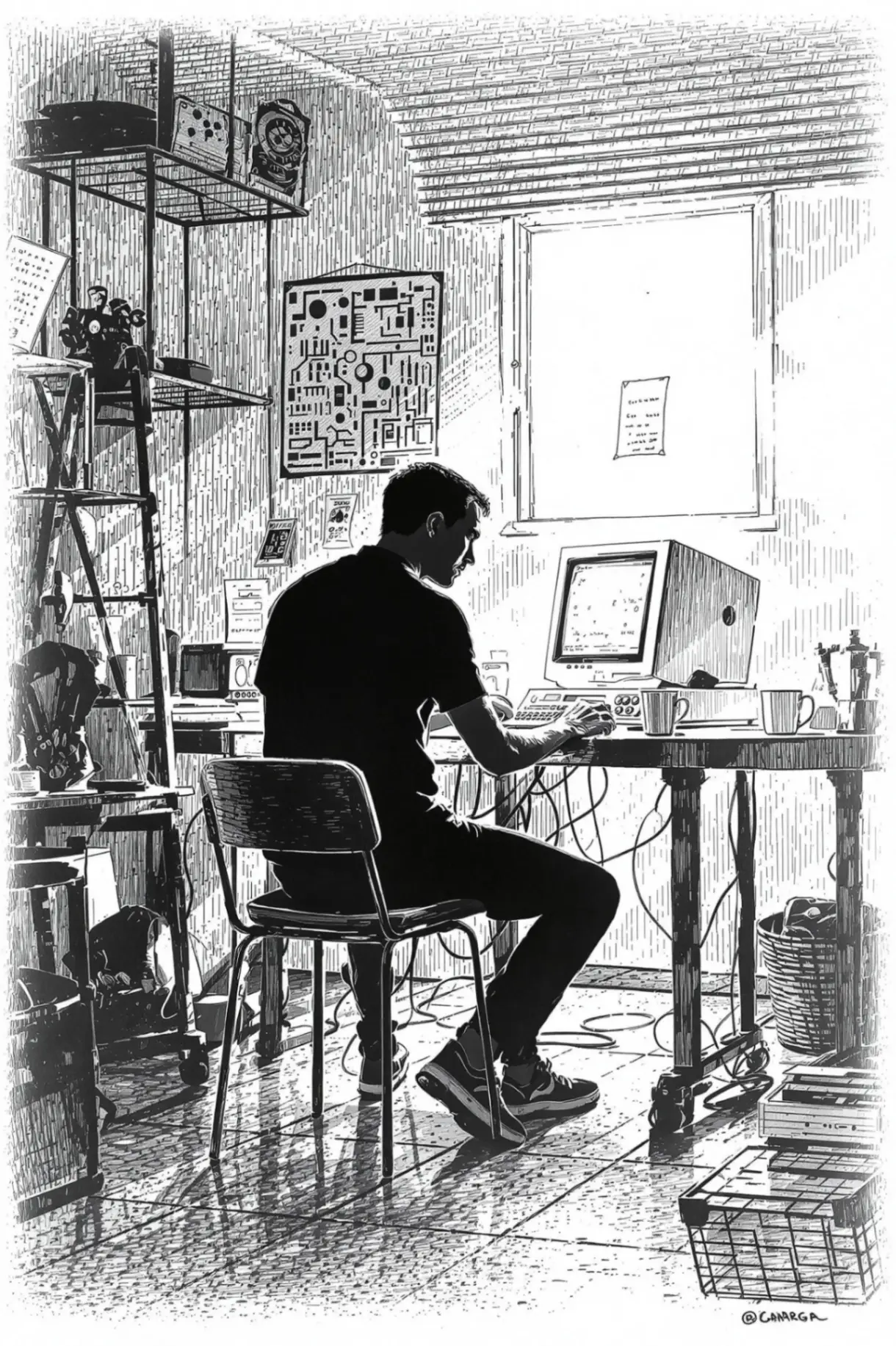 Hacker in Minimalist Garage