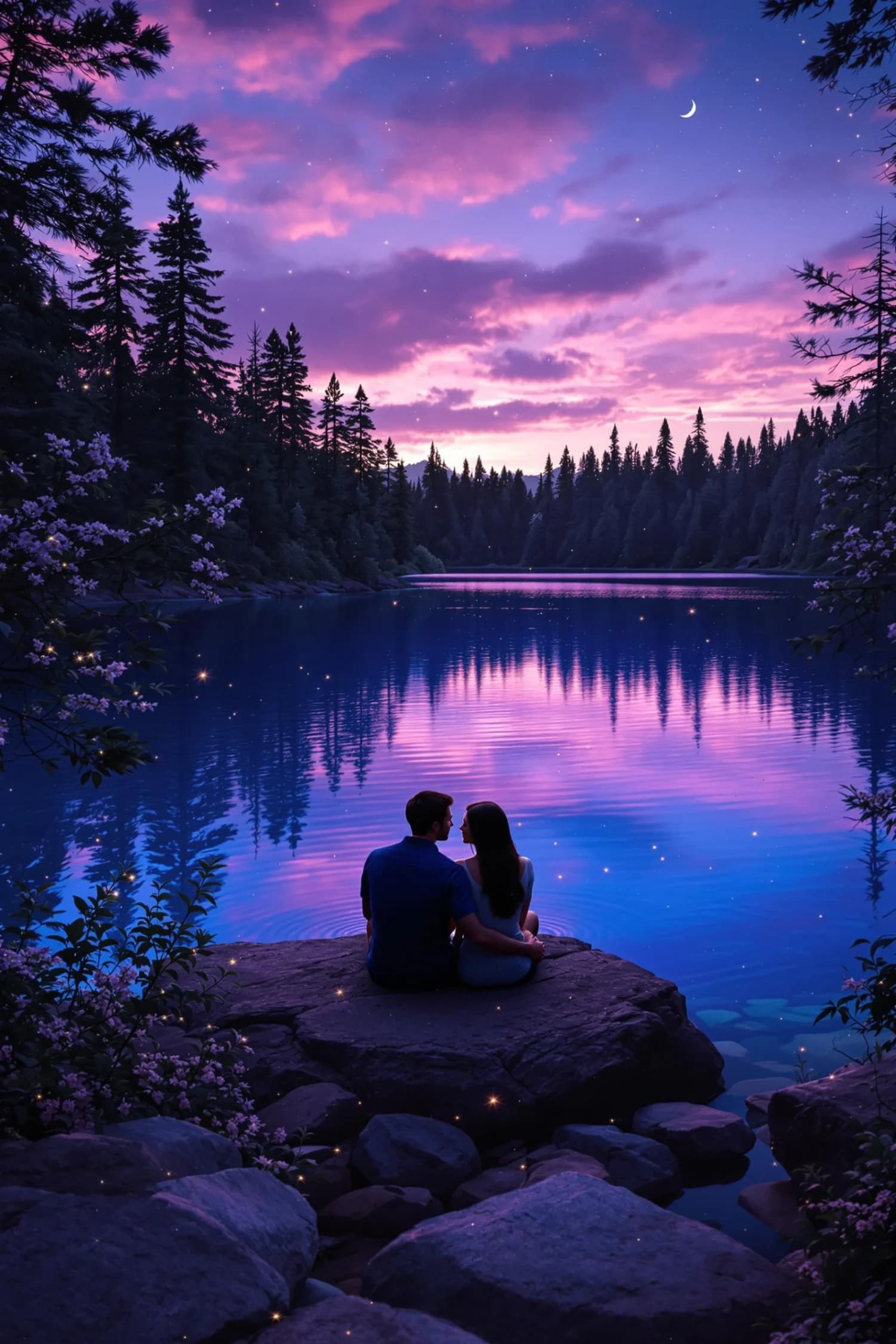 Couple by Forest Lake at Dusk