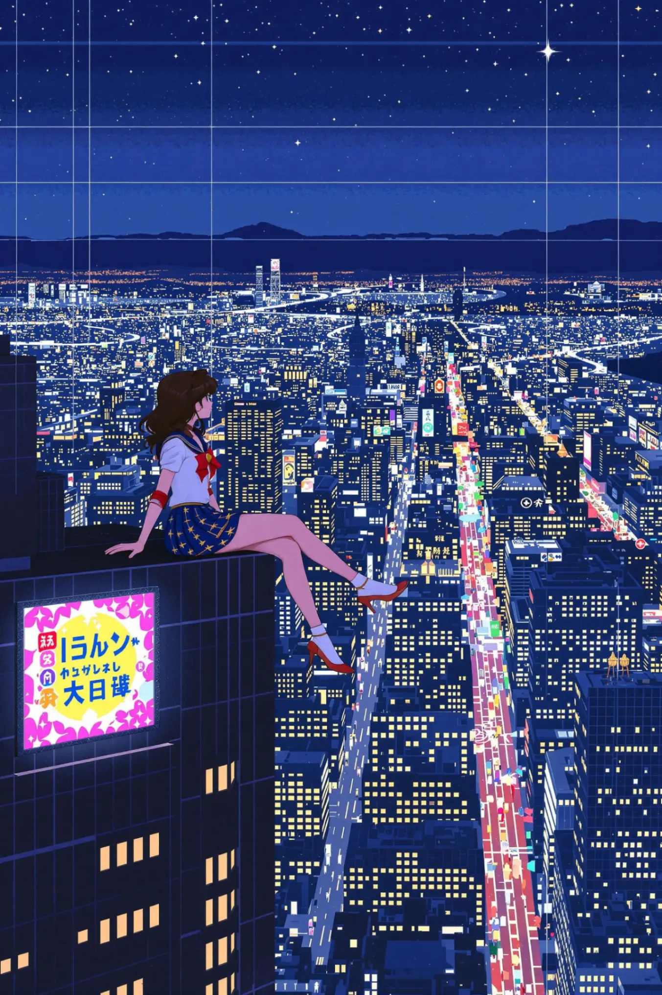 90s Anime 8-Bit Woman on Skyscraper